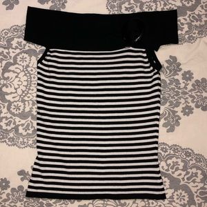 A* black and white strap off the shoulder top